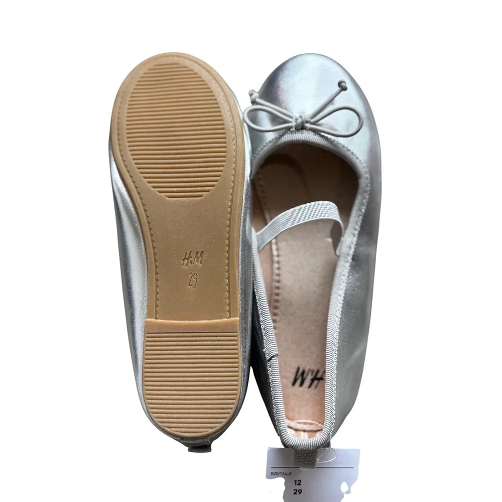 H&M‎ Girls Silver Metallic Ballet Flats Bow Elastic Strap Shoes Size 12 29 NEW